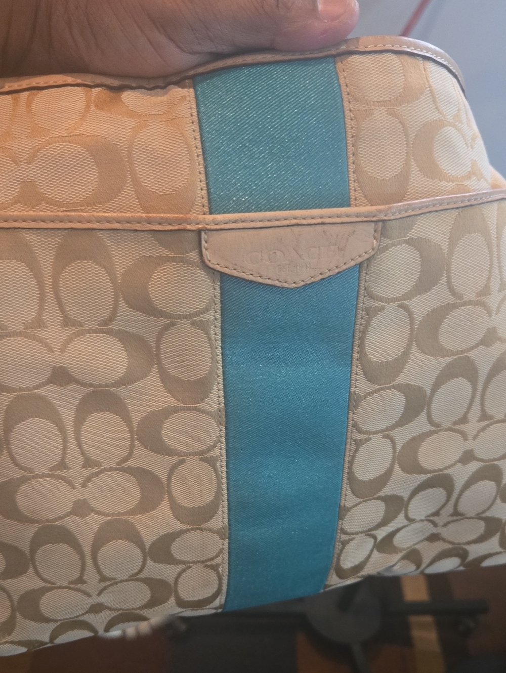 Coach Khaki Signature Canvas Shoulder Bag with Teal Stripe
